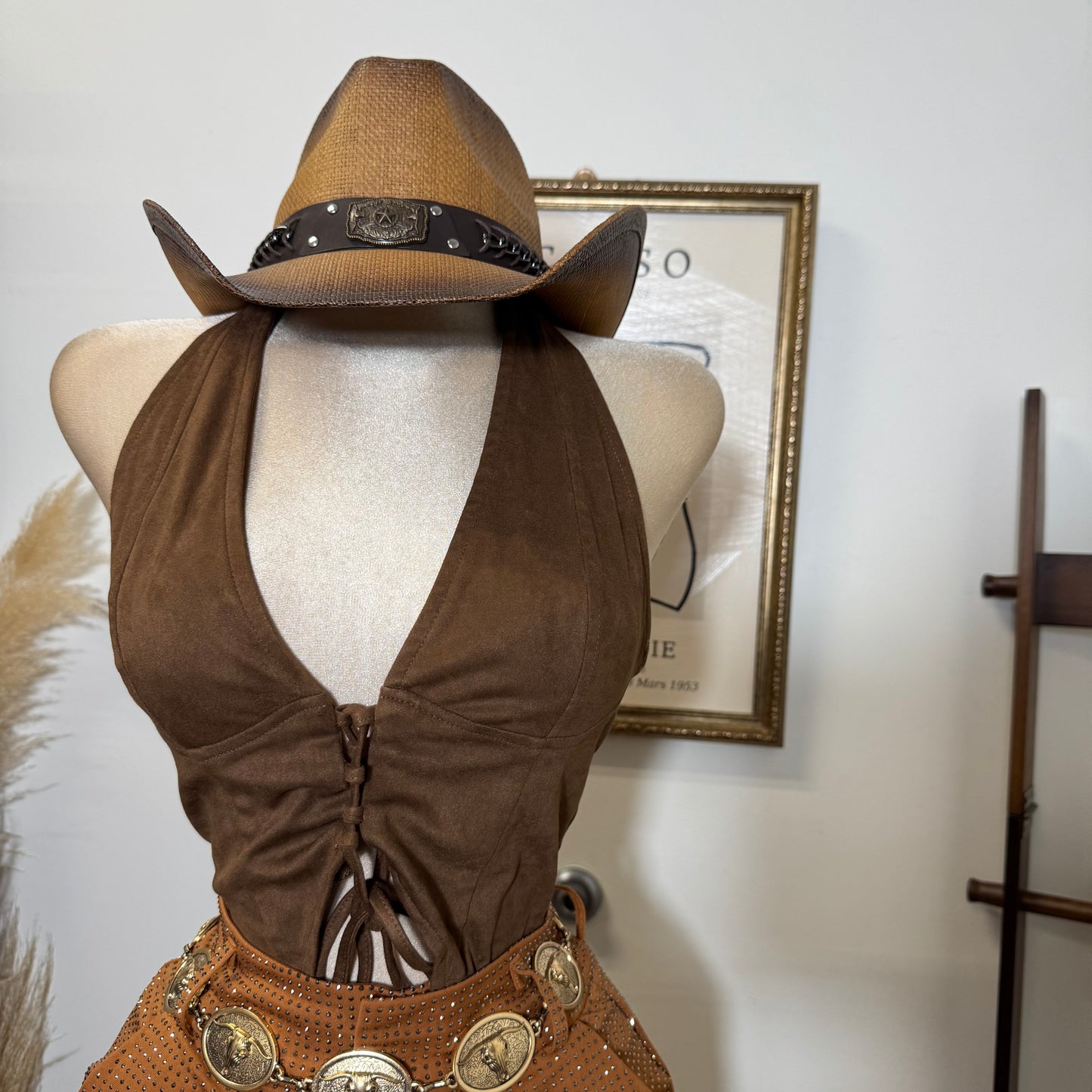 Madi Faux Suede Lace-Up Halter Top-Brown
