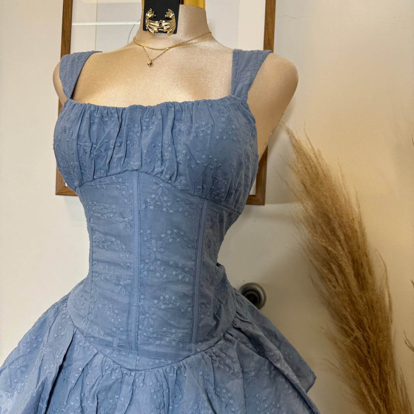 Cotton Corset Double Layer Mini Dress-Blue