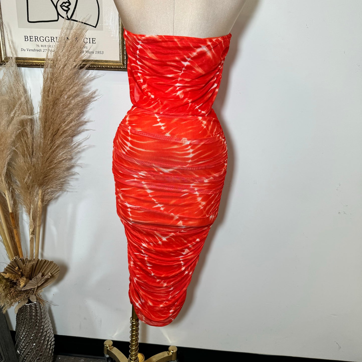 Off Shoulder Mesh Dress-Orange