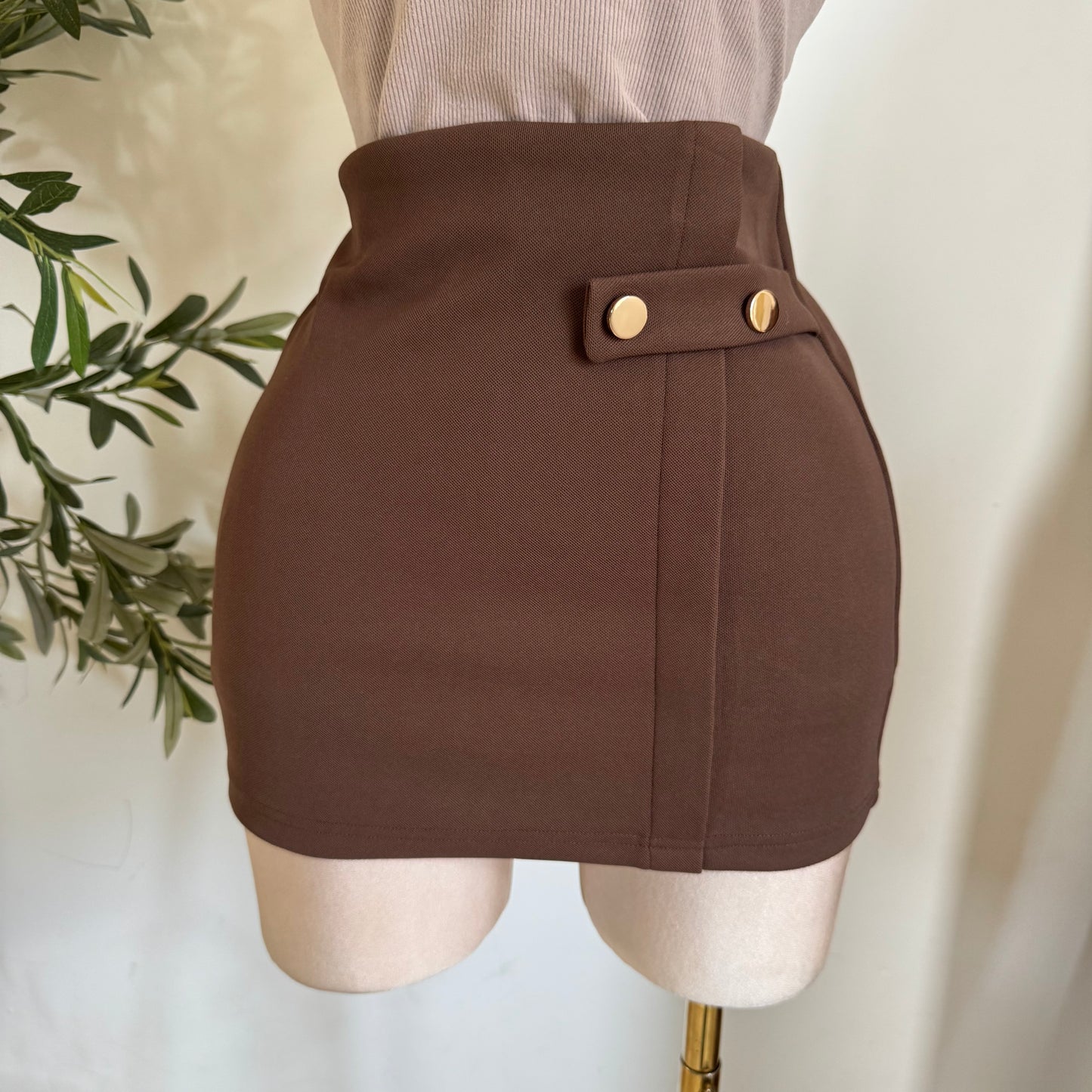 Poly Span Tan With Button Detail Short Lining Skort-Brown