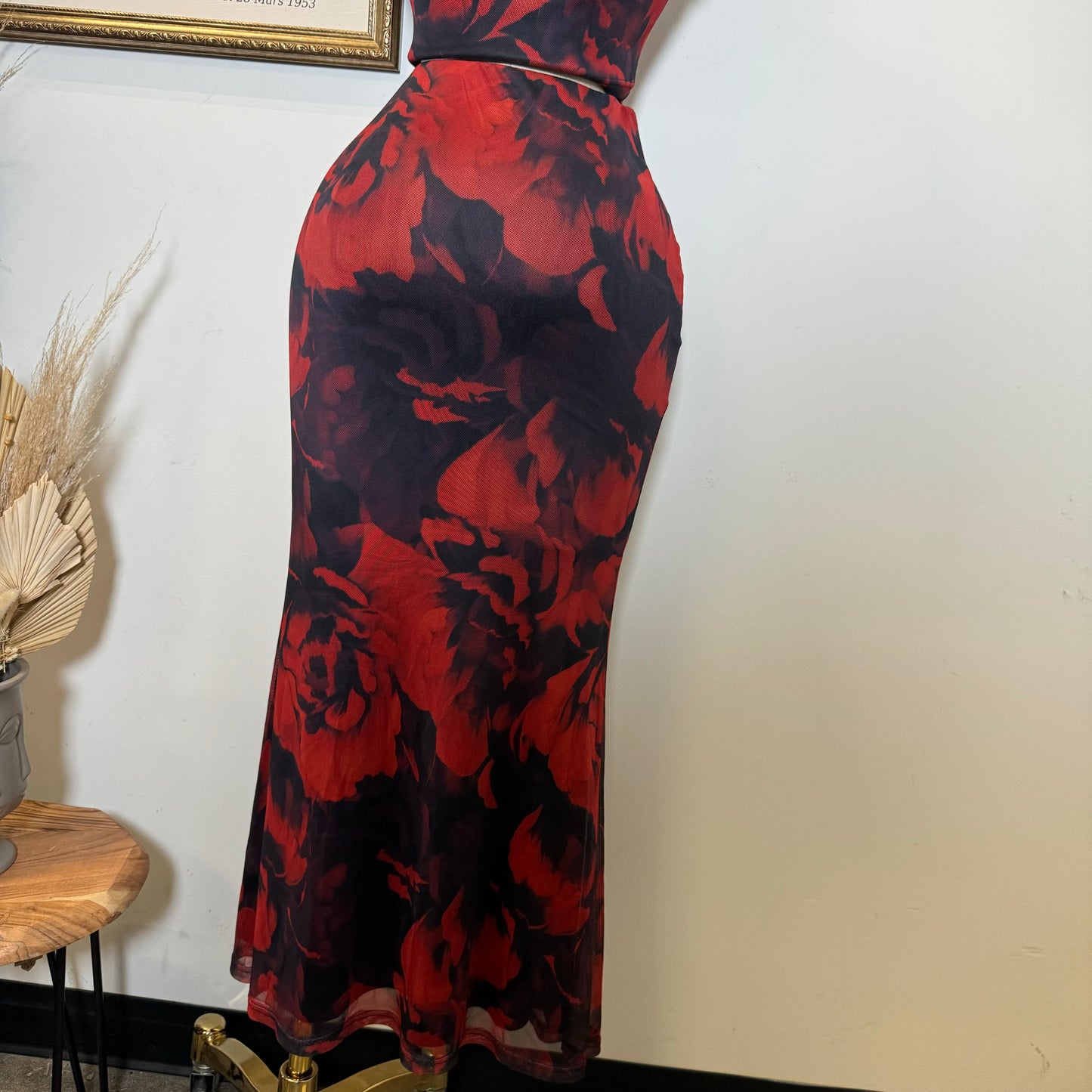 Mesh Skirt Set-Black/Red
