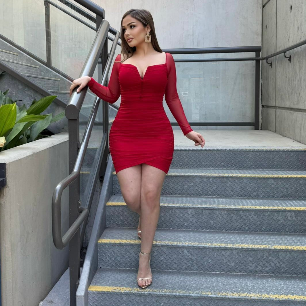 Aleya Long Sleeve Dress-Red