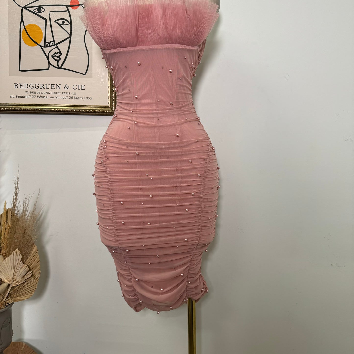 Pearl Bead On Power Mesh Midi Dress-Blush