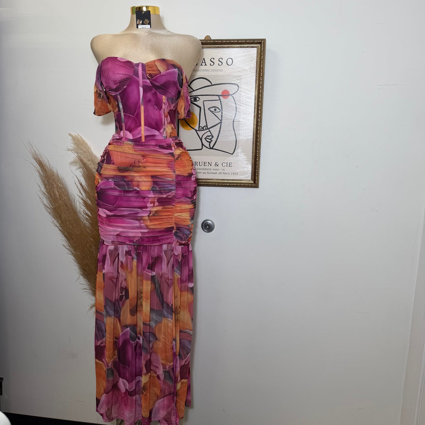 Floral Ruched Off Shoulder Maxi Dress with high slit-Mauve/Pink