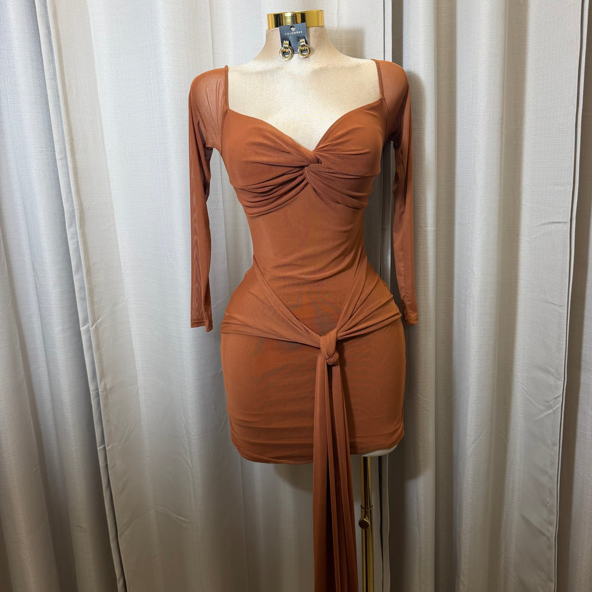 Long Sleeve Off Shoulder Mesh Dress-Brown