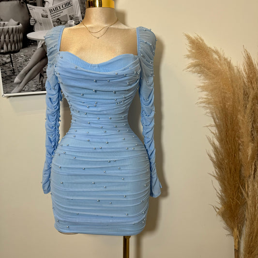 Meghan Pearl Mesh Dress-Baby Blue