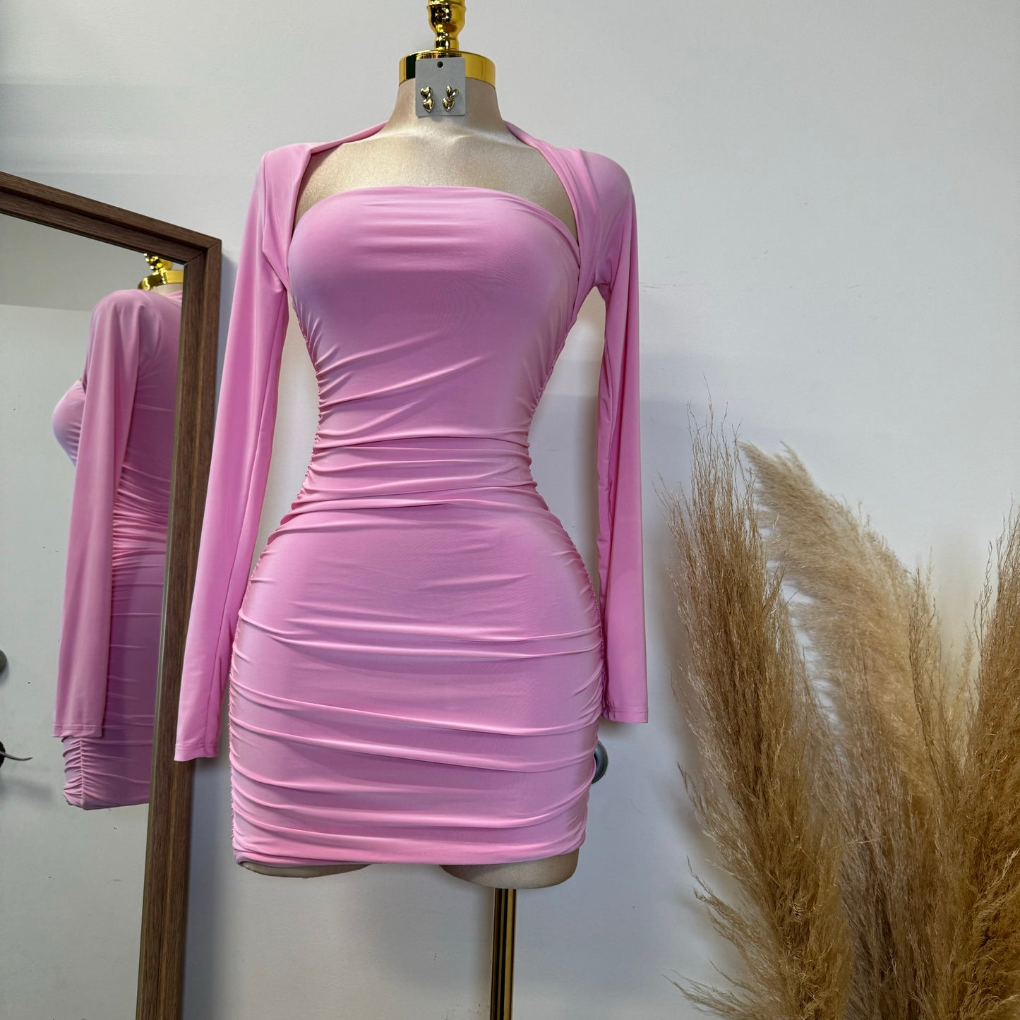 Barbie Long Sleeve Squareneck Dress-Baby Pink