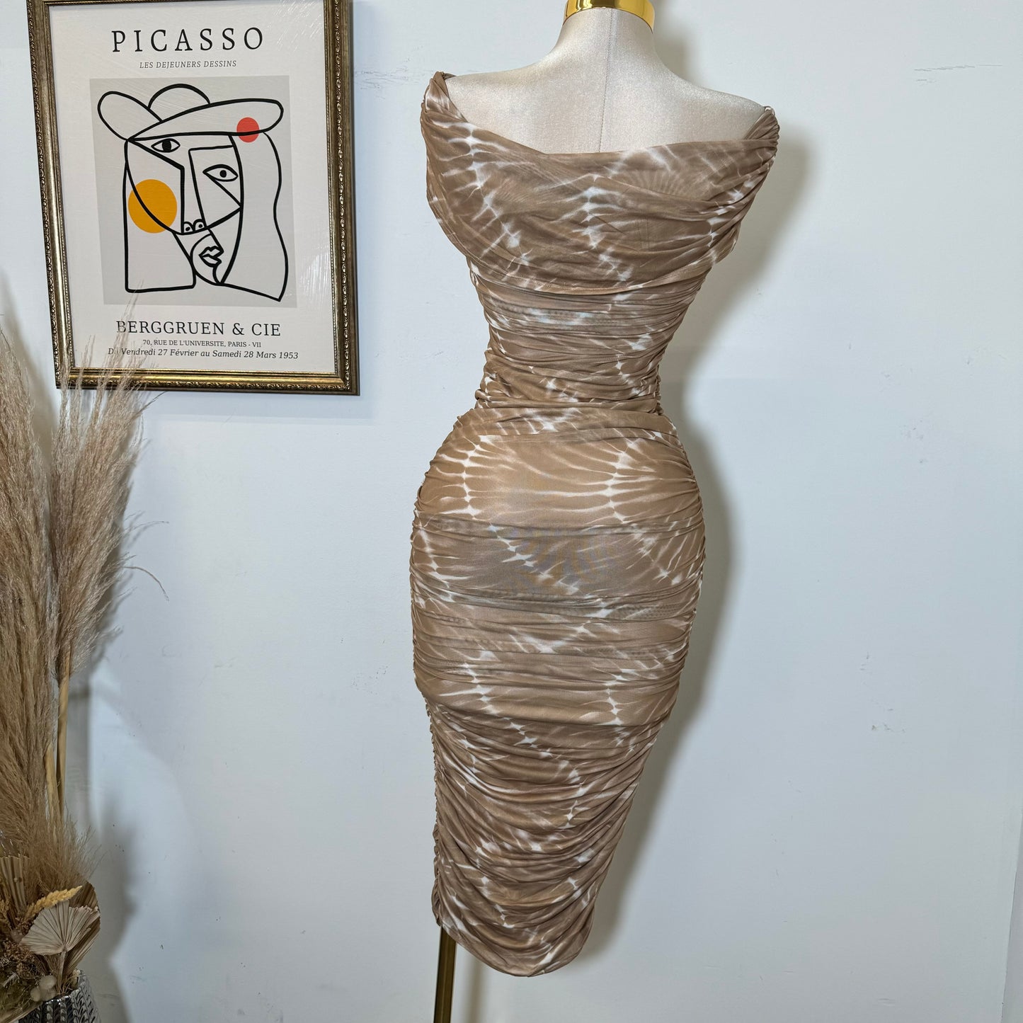 Off Shoulder Mesh Dress-Brown