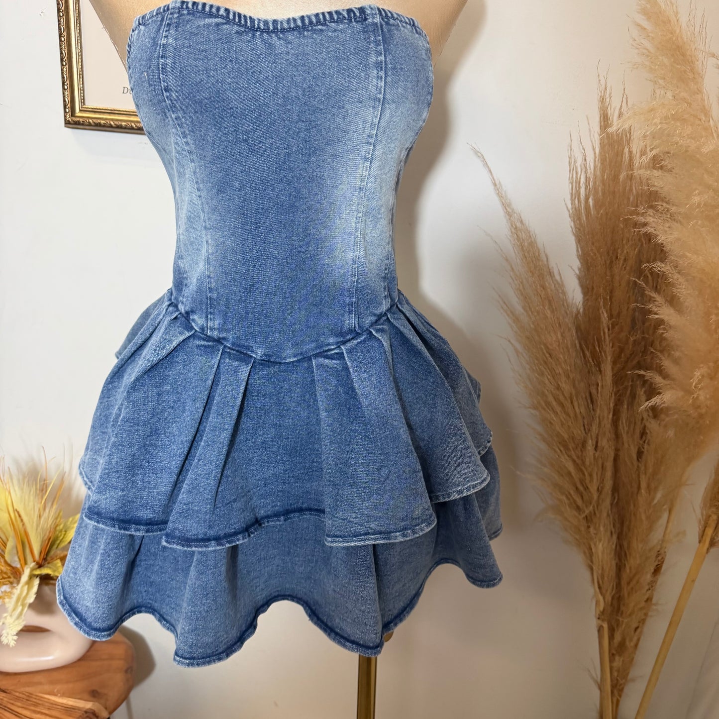 Strapless Denim Flare Dress-Denim