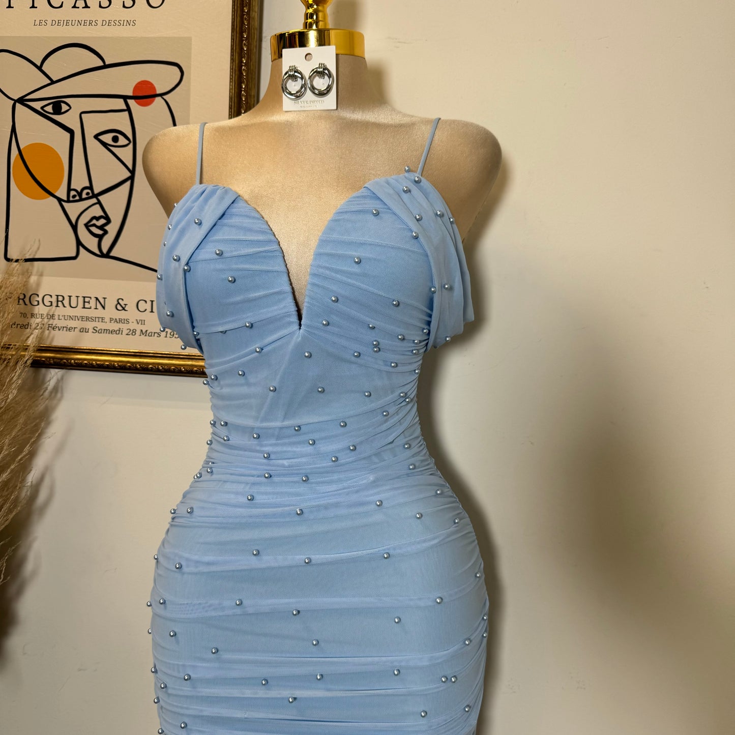 Aria Pearl Midi Dress- Baby Blue