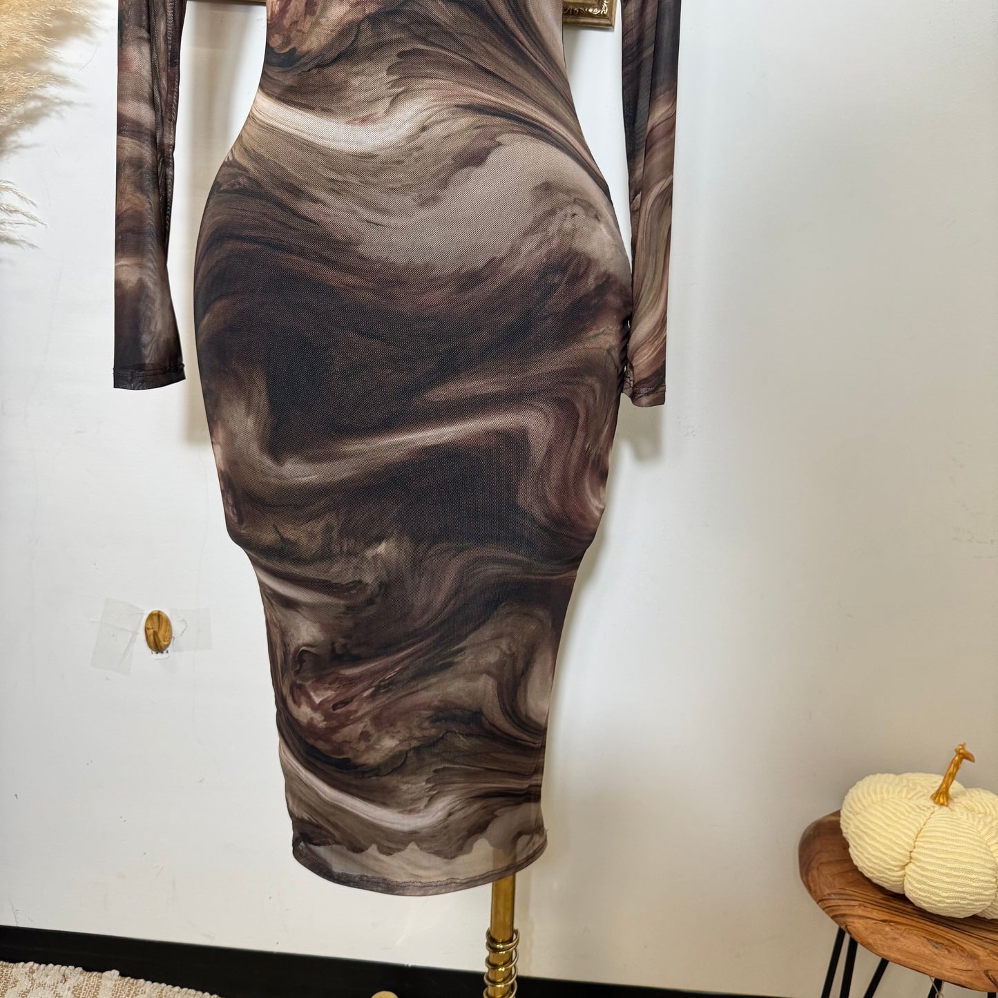 Marble Print Mesh Midi Dress