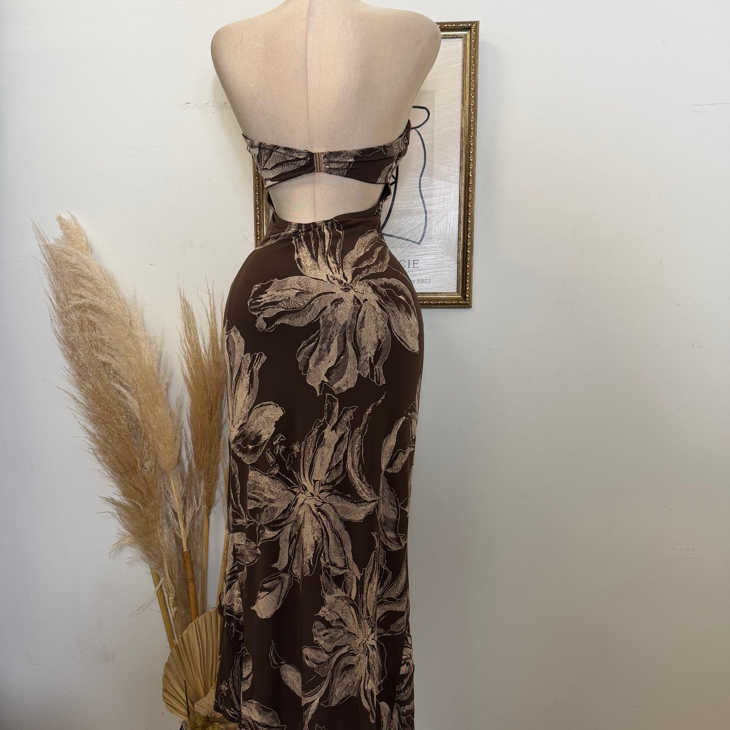 Floral Back Closure Ruffle Slit Maxi Dress-Brown