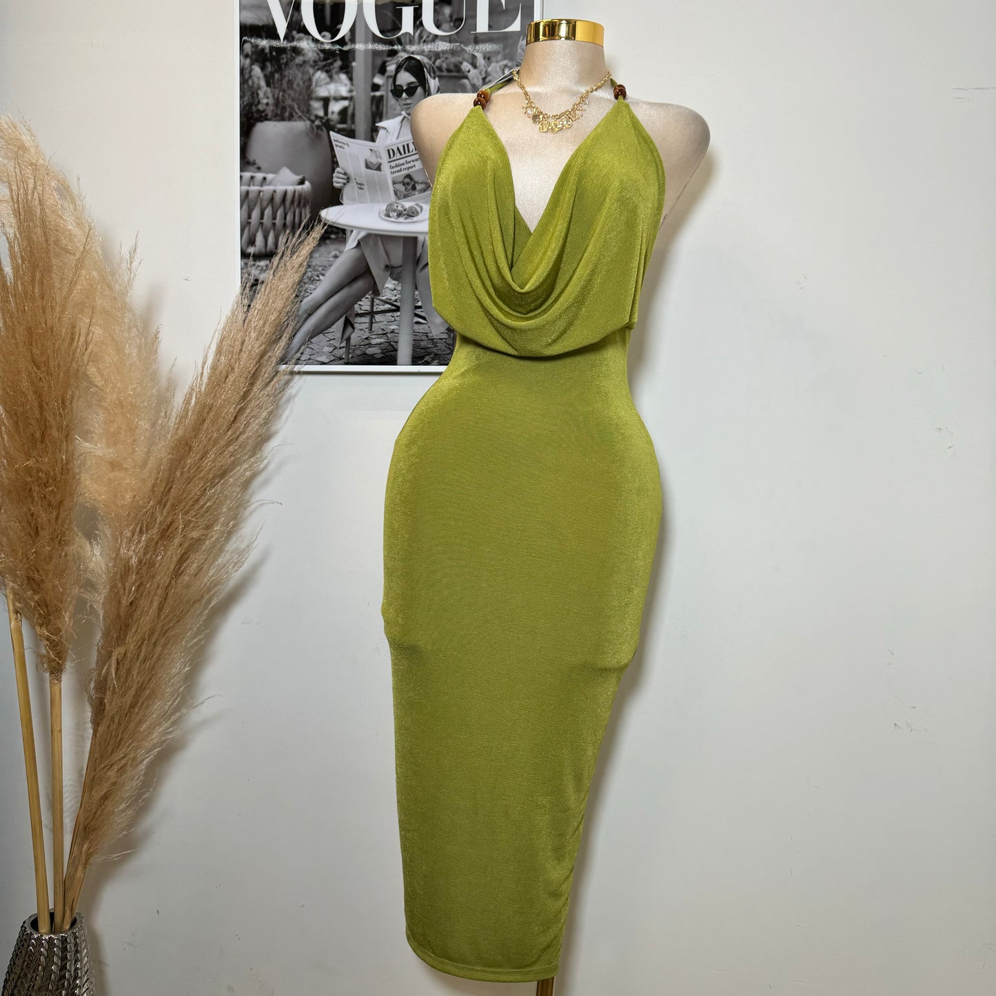 Bead Cowl Neck Halter Midi Dress-Green