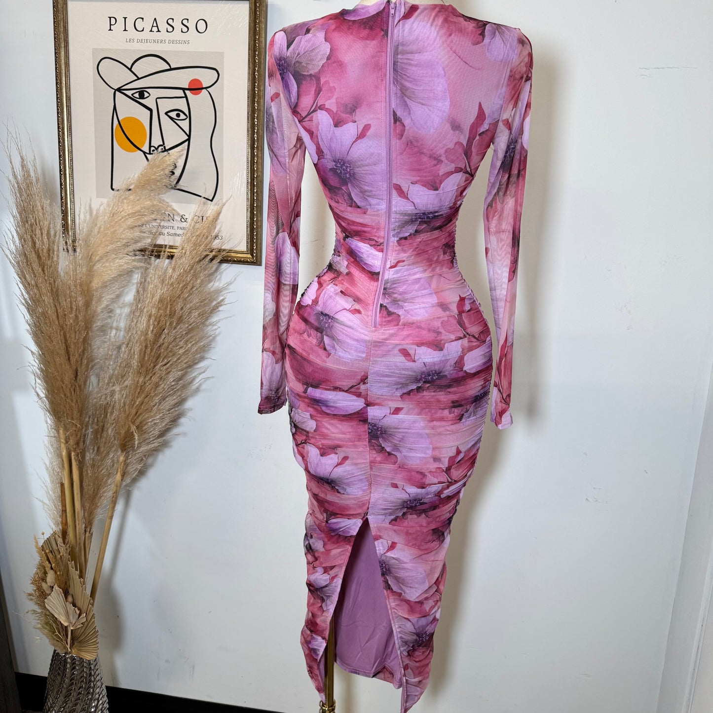 Long Sleeve Mesh Dress-Hot Pink