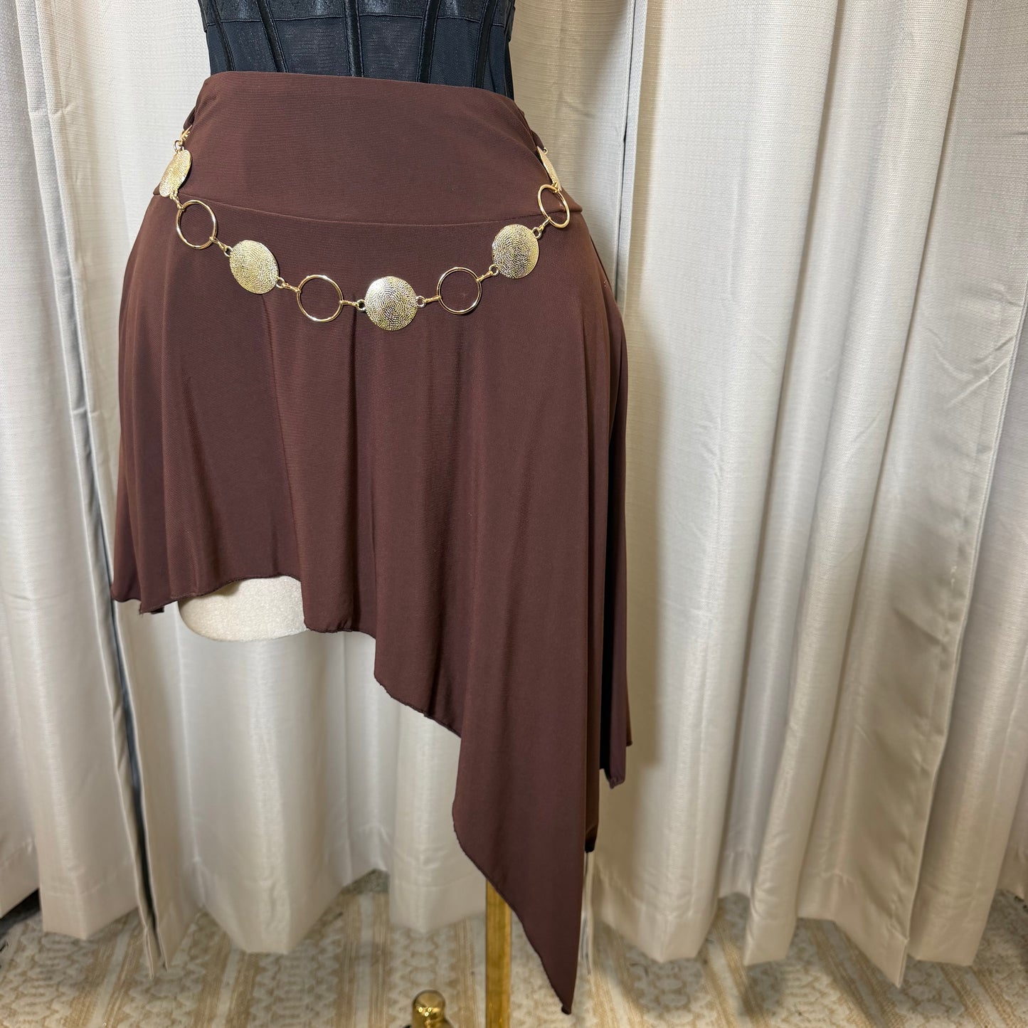 Belted Asymmetrical Midi Skirt-Brown