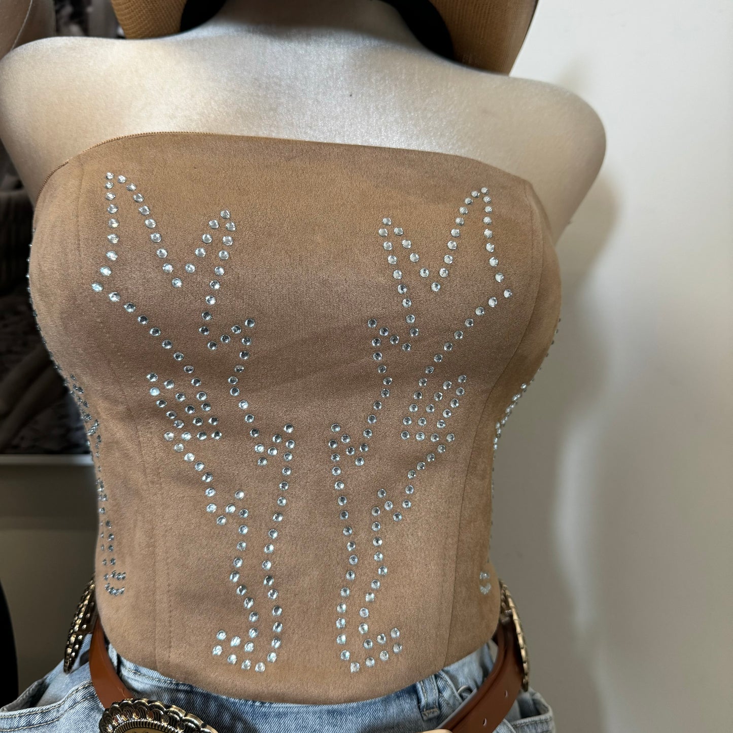Western Style Rhinestone Tube Top-Tan