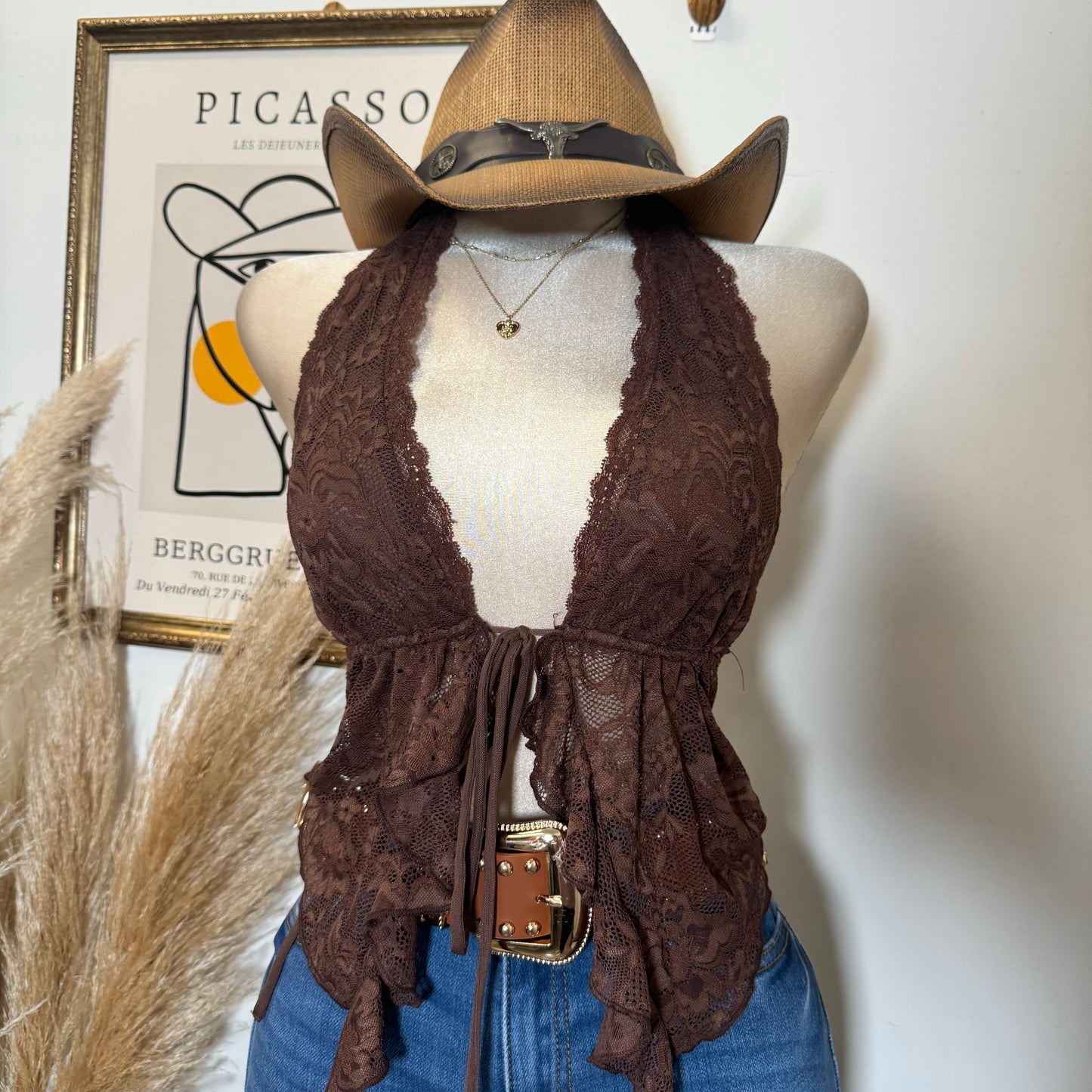 Lace Halter Top-Brown