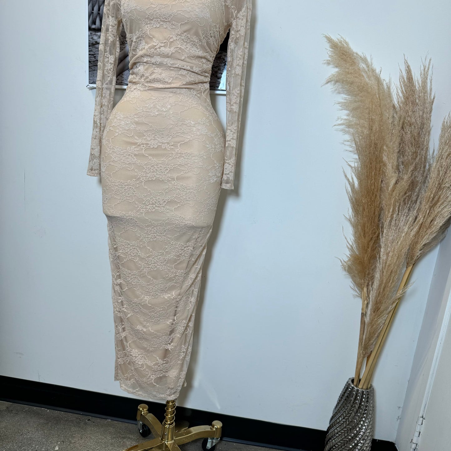 Aimara Lace Long Sleeve  Dress-Beige
