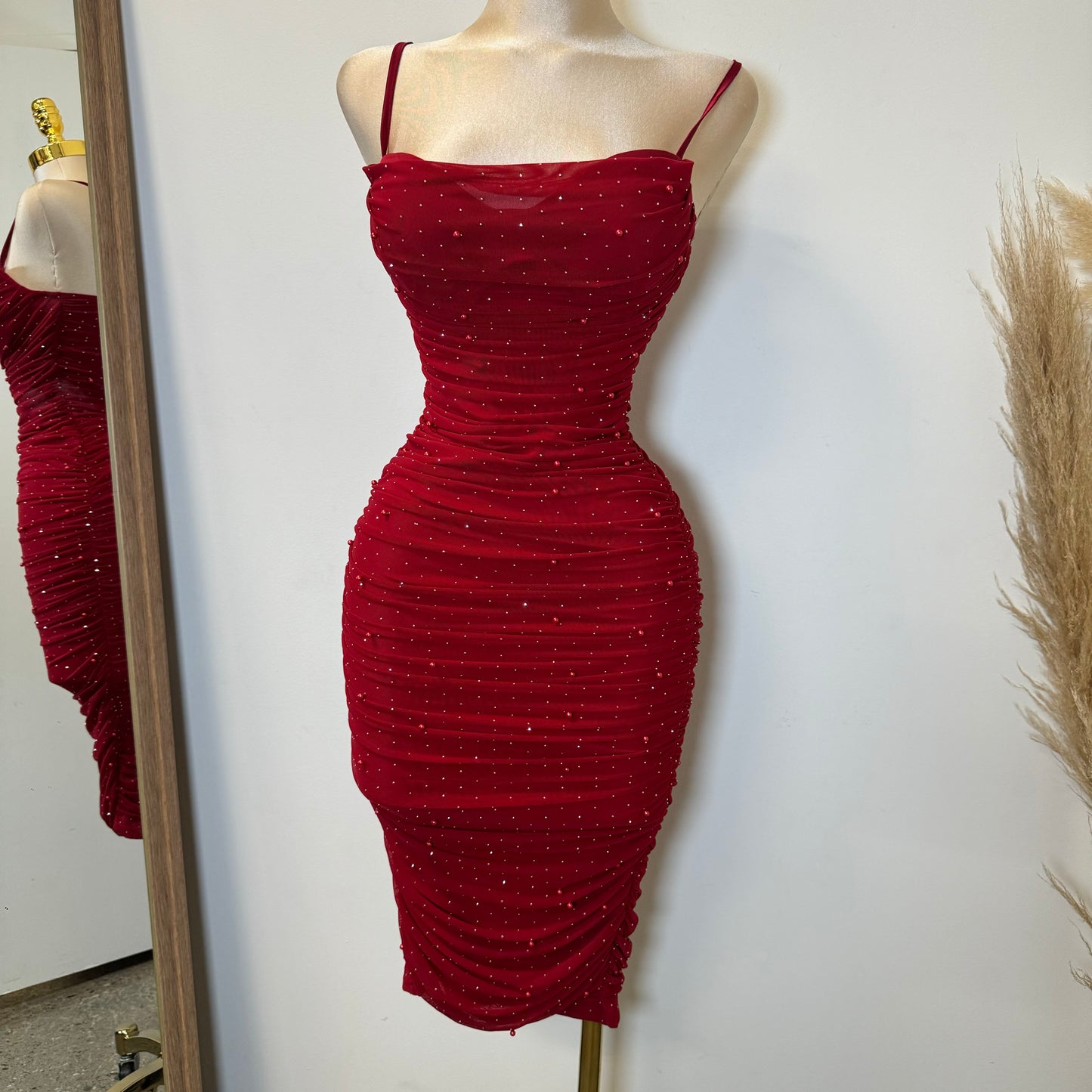 Capri Rhinestone Midi Dress-Red