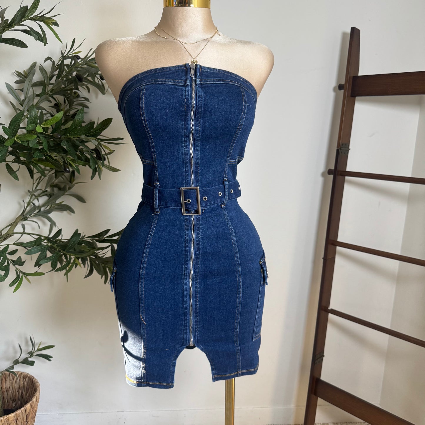 Cargo Strapless Denim Dress-Denim