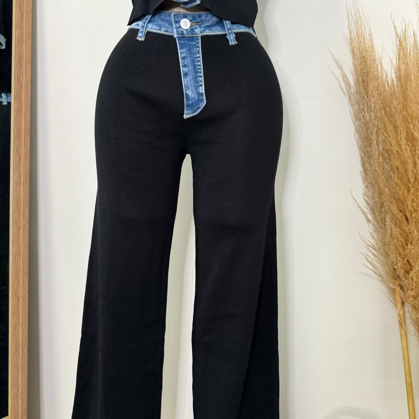 Street Chic Contrast Ribbed Denim Pant Set-black