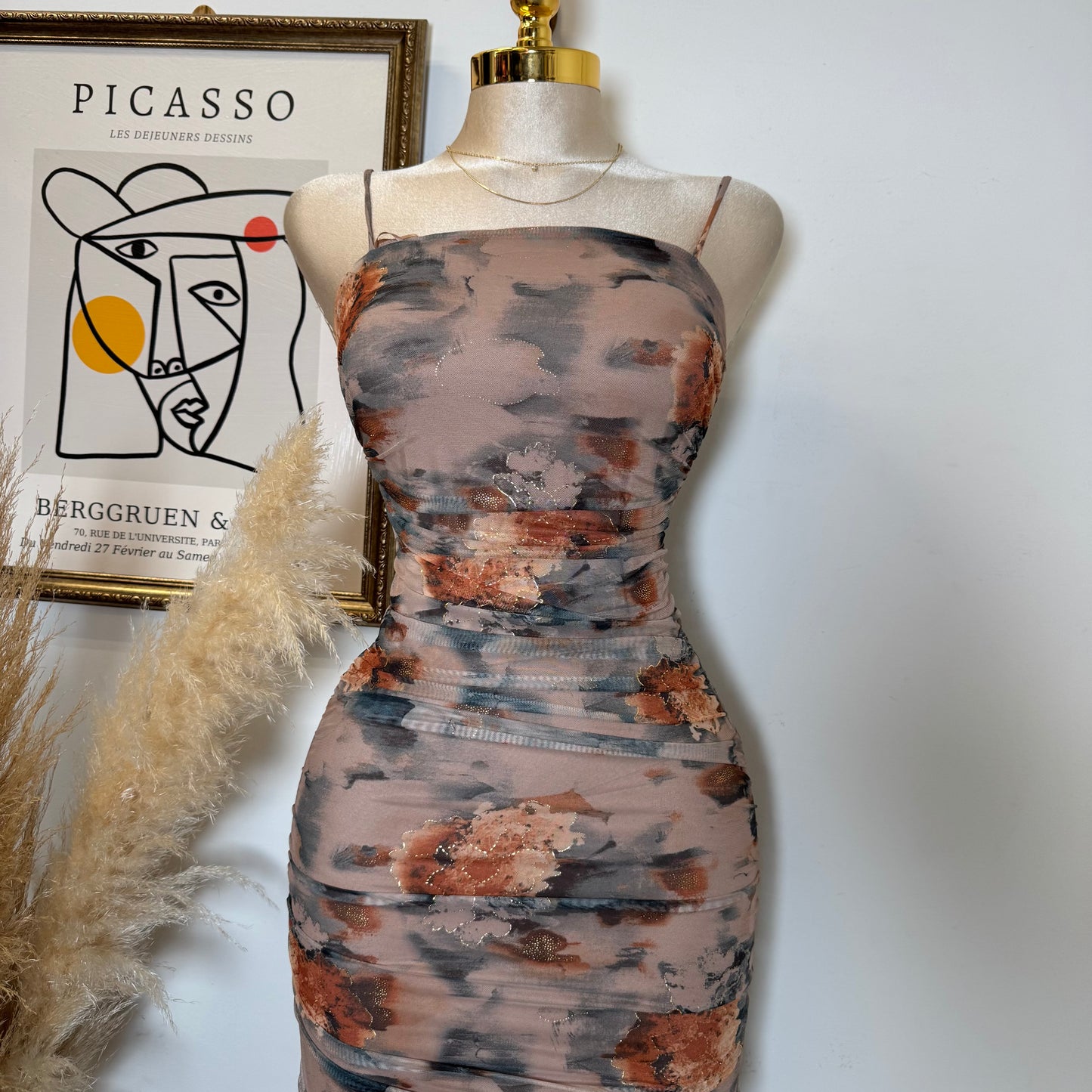 Gold Metallic Mesh Print -Latte