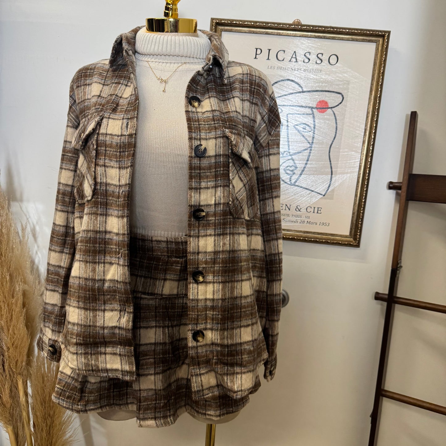 Long Sleeve Wool Blend Plaid Button Down Casual Jacket-Taupe