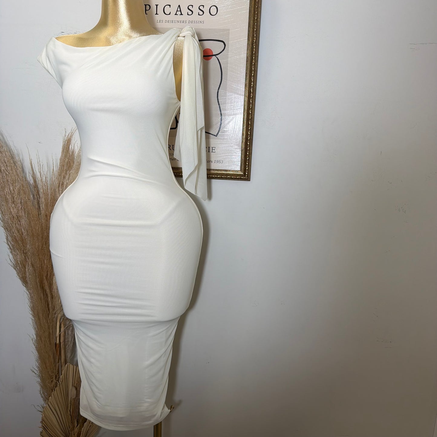One shoulder Tie Midi Dress-Cream