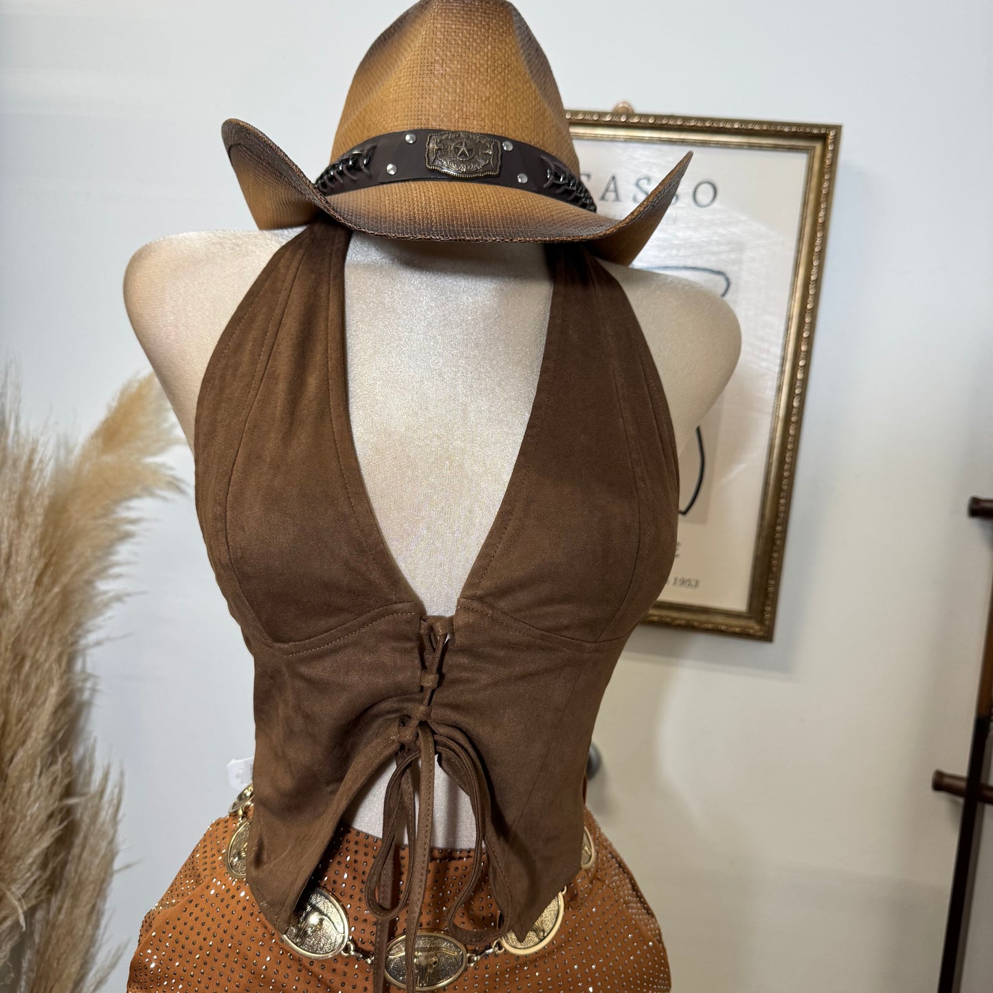 Madi Faux Suede Lace-Up Halter Top-Brown