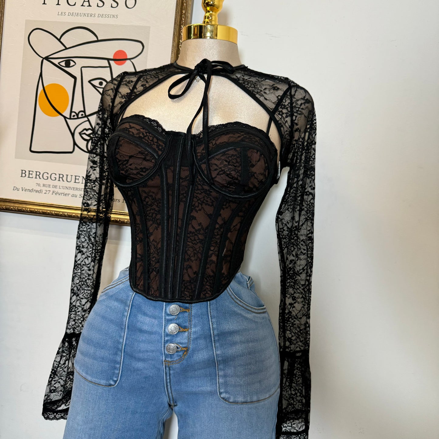 Nadie Lace Long Sleeve Top-Black