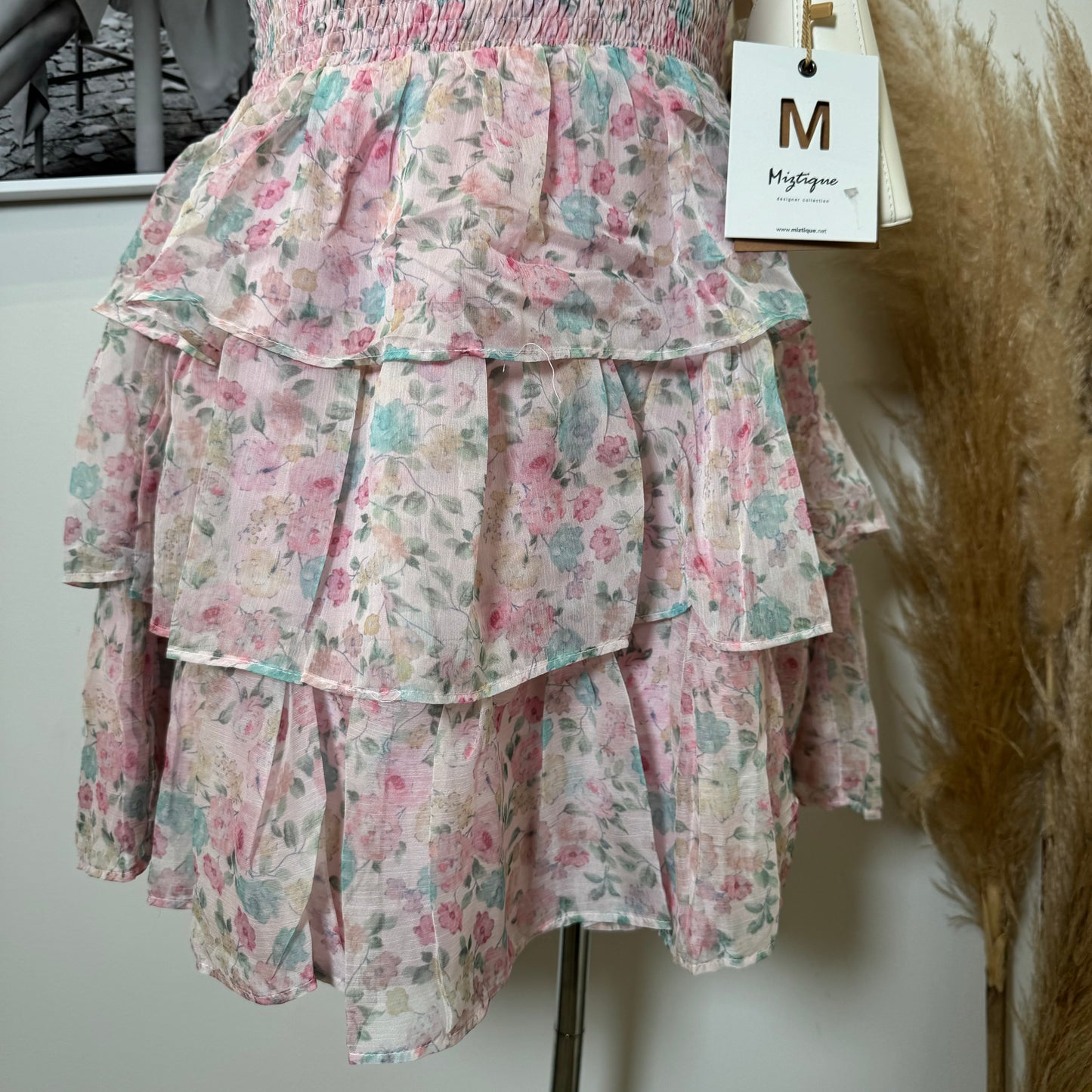 Floral Smoked Tiered Ruffle Dress PL-Pink