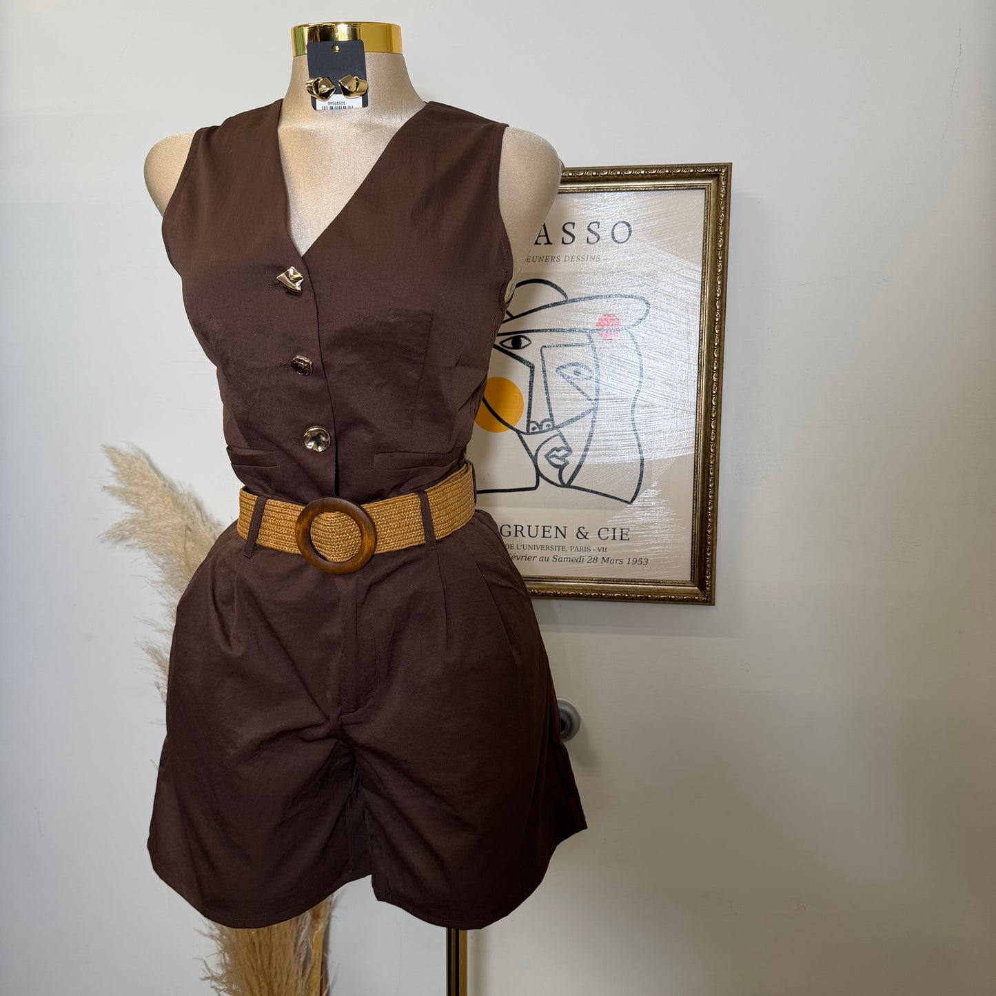 Linen Vest And Belted Short-Choco