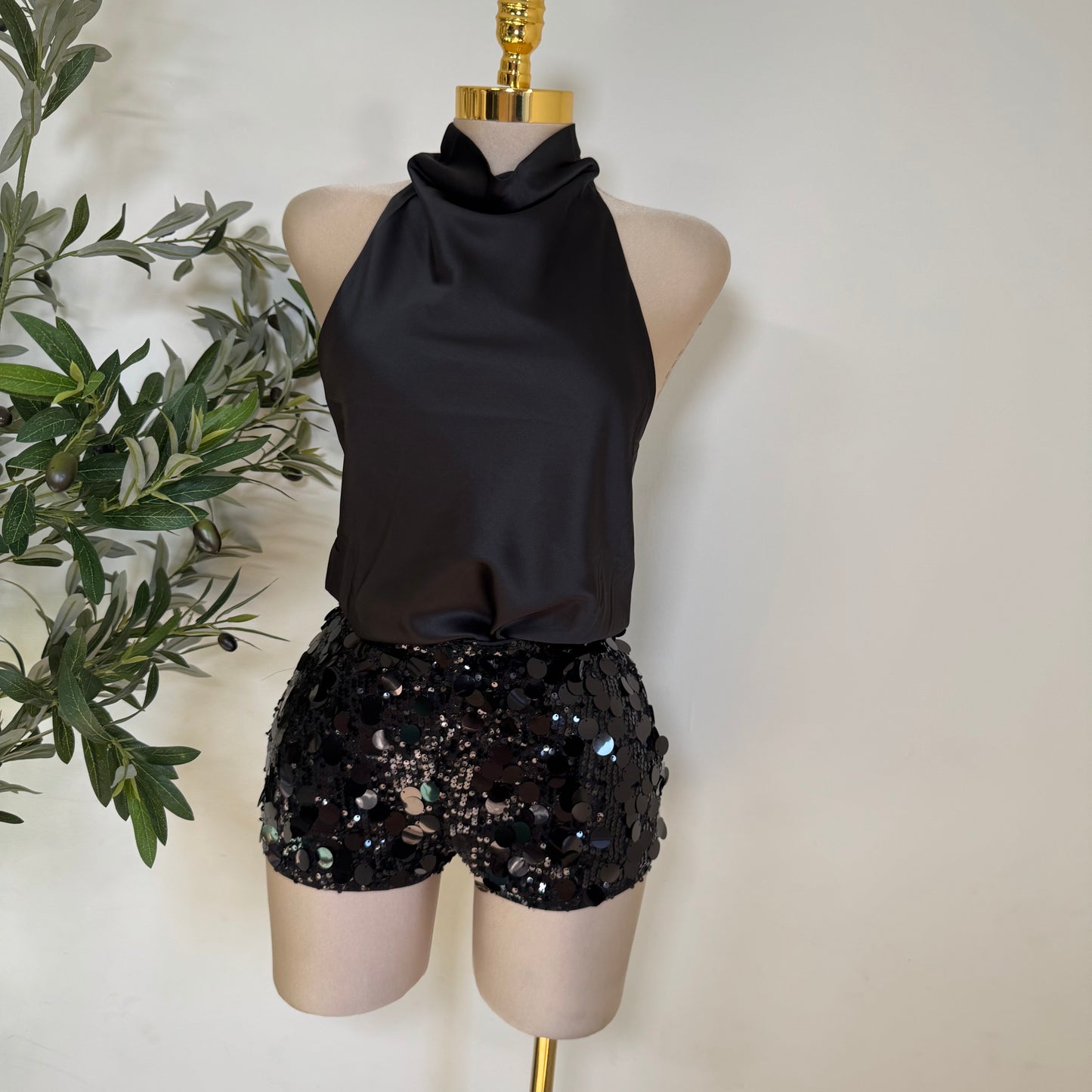Satin Halter Open Back Top-Black