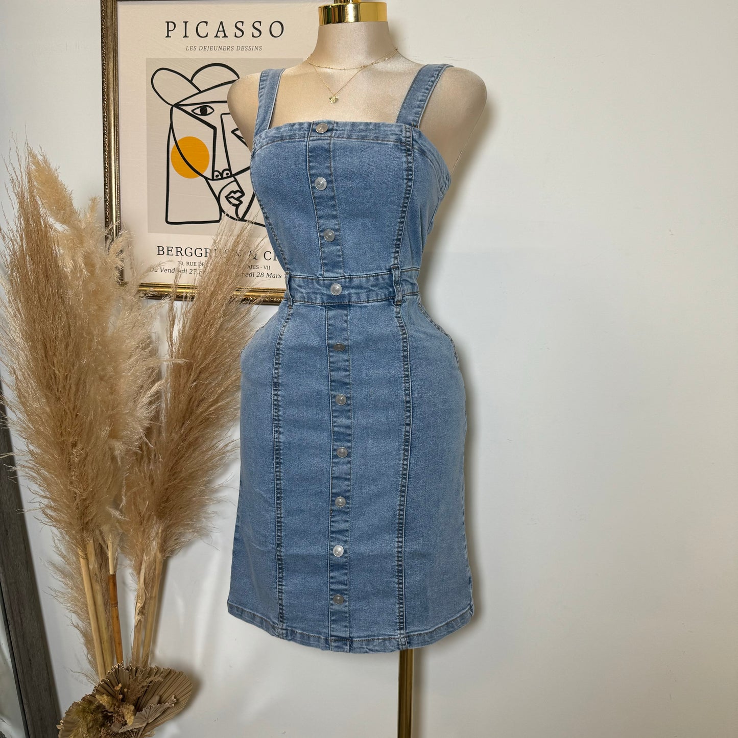 Button Down Placket Denim Dress-Lt Blue