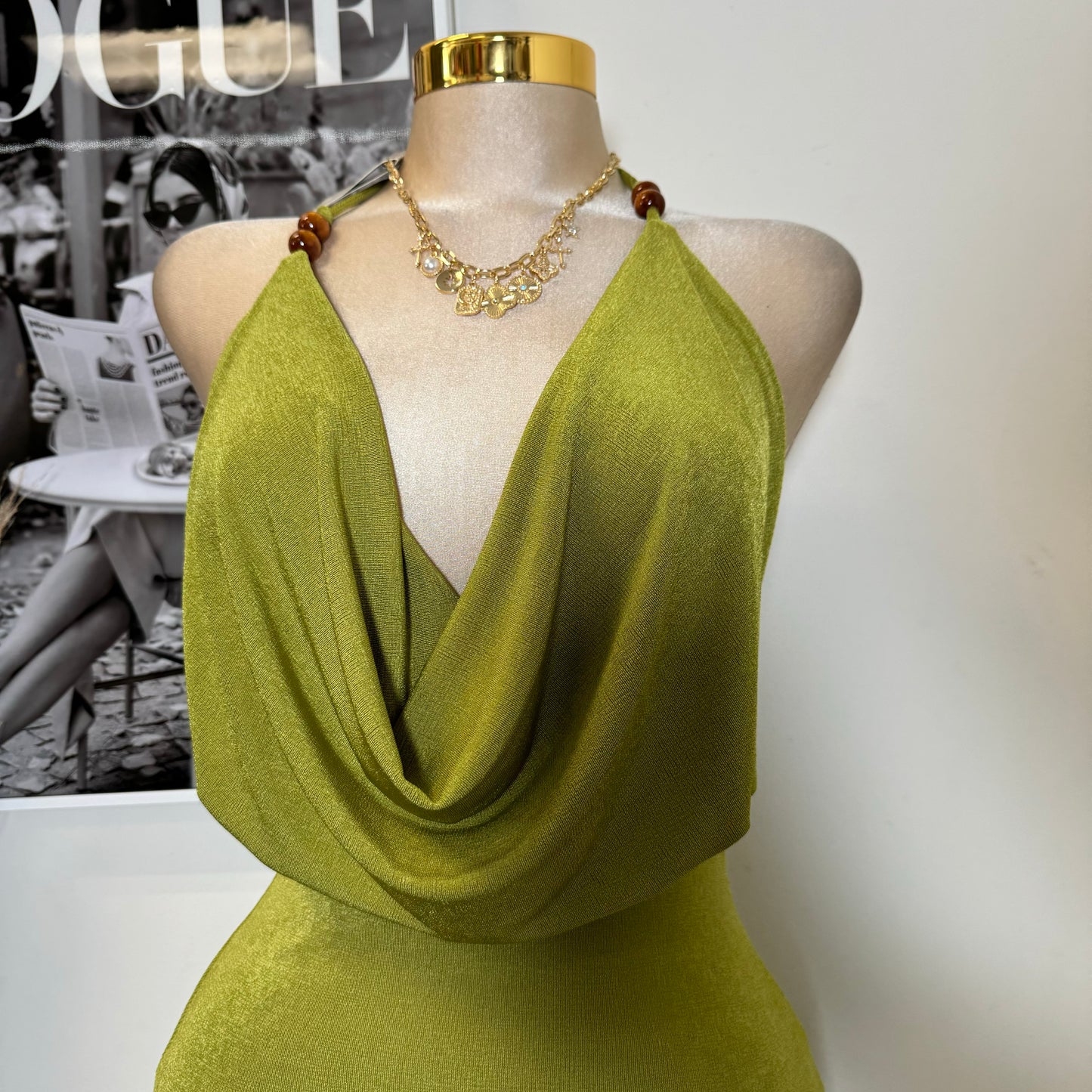 Bead Cowl Neck Halter Midi Dress-Green