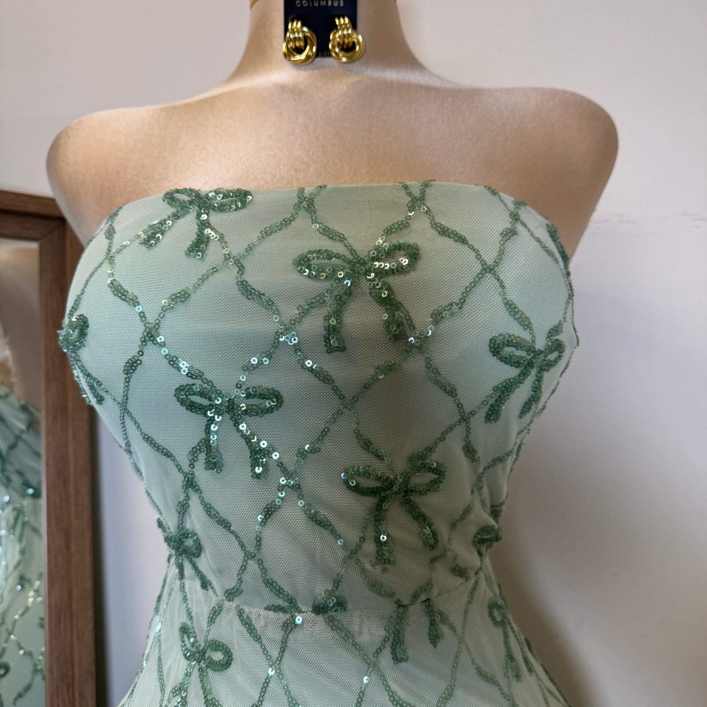 Bow Sequins Strapless Corset Dress-Green Sage