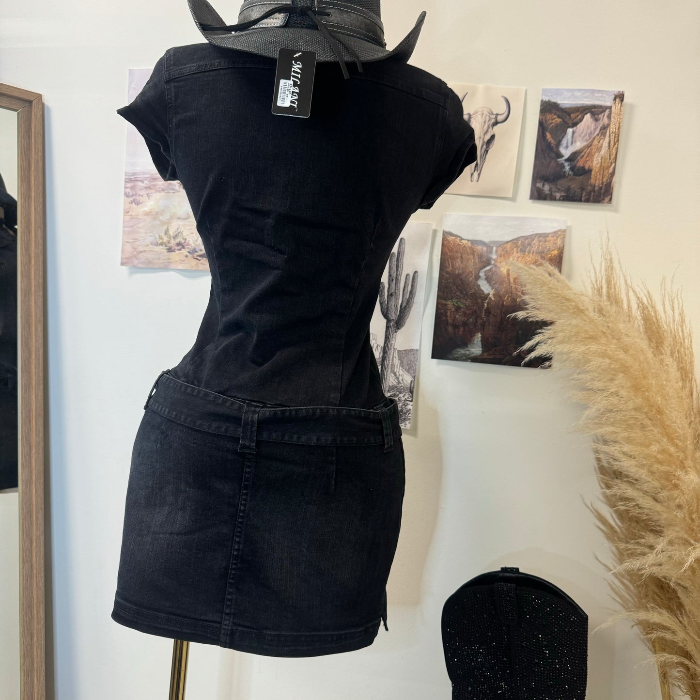 Denim Belt Mini Dress-Black