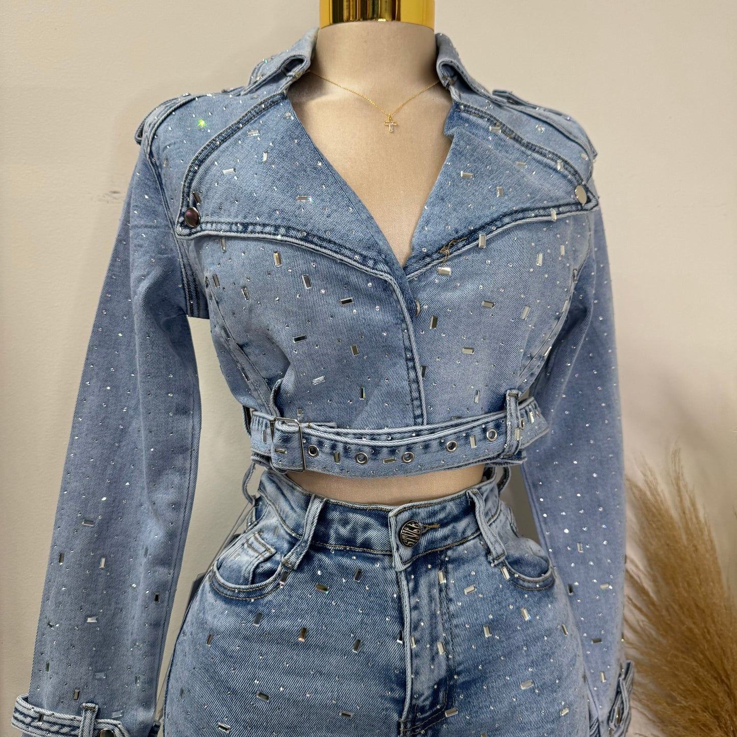 Ximena Rhinestone Denim Jacket-LT Blue