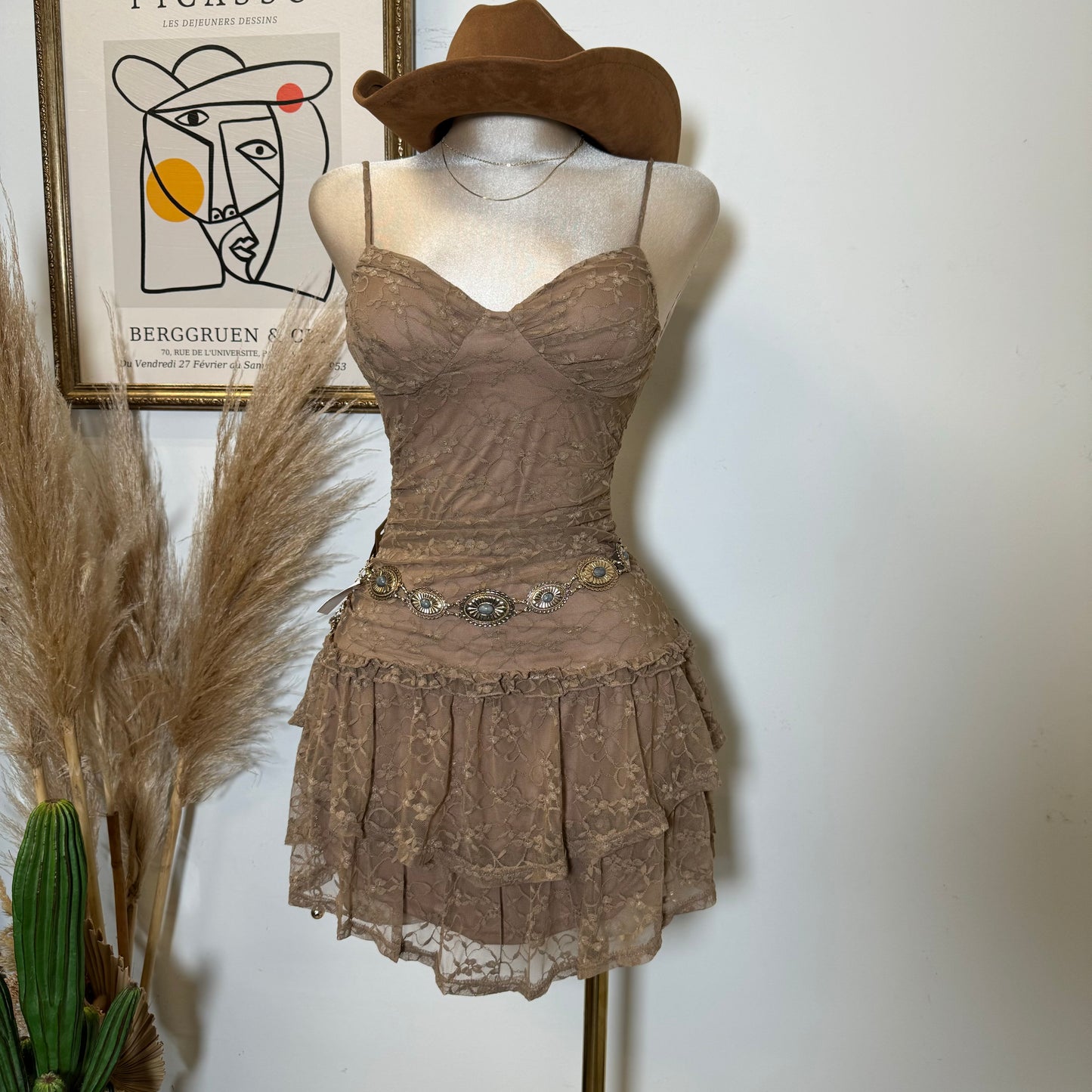 Lace Ruffle Mini Dress-Mocha