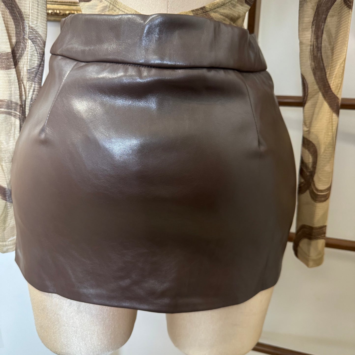 Faux Leather Mini Skirt-Chocolate