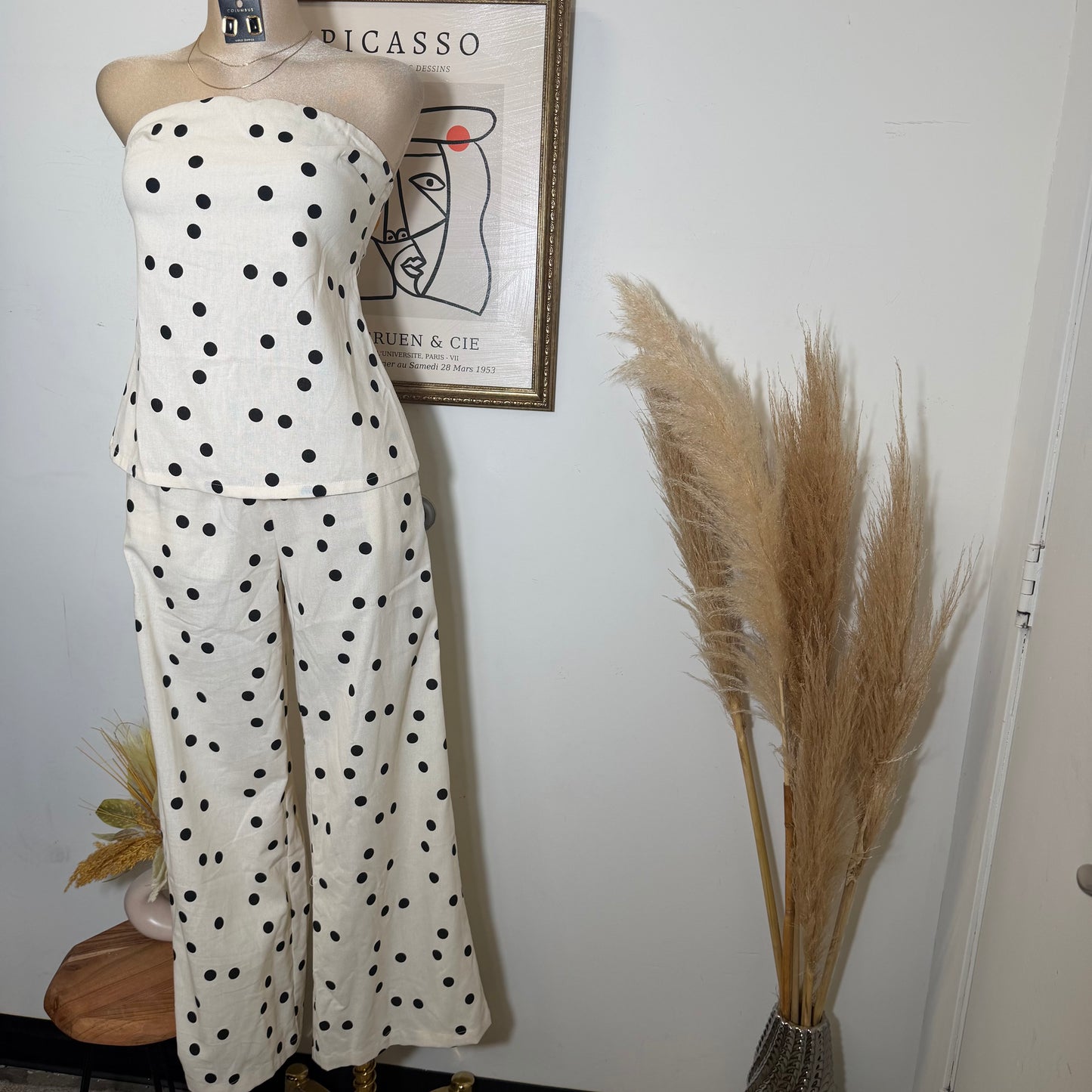Polka Dot Linen Strapless Pant Set -Cream