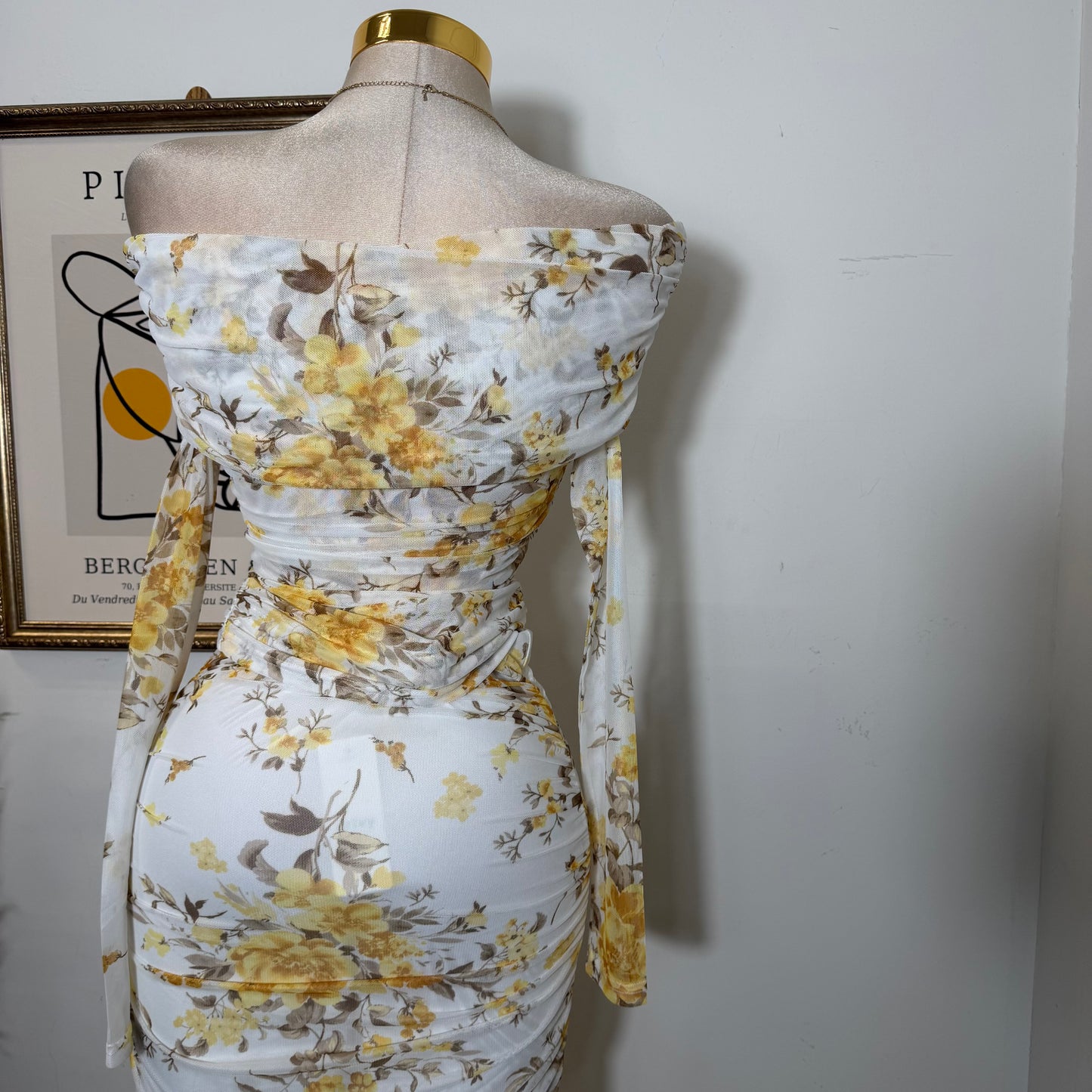 Off shoulder printed Mesh Top and ruched Maxi Skirt Set-Yellow Print