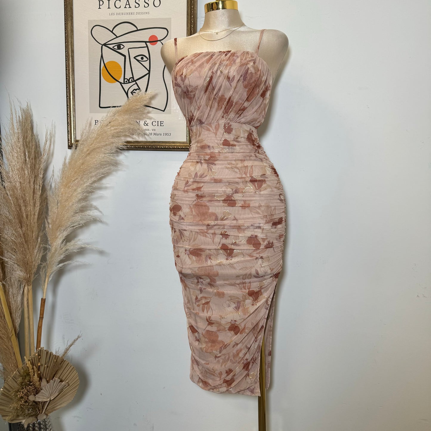 Metallic Mesh Print Tube Neck Line With spaghetti Straps-Rose