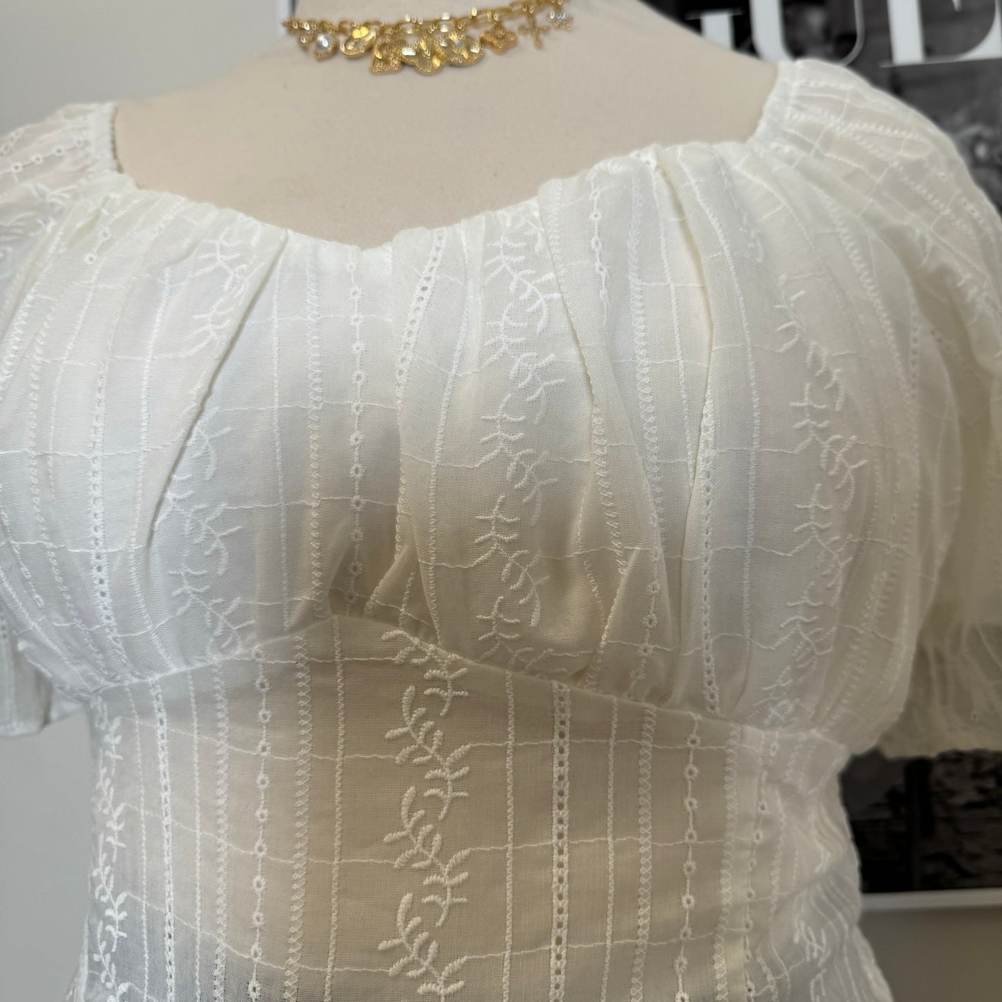 Embroidered Sheer lace Peasant Top-White