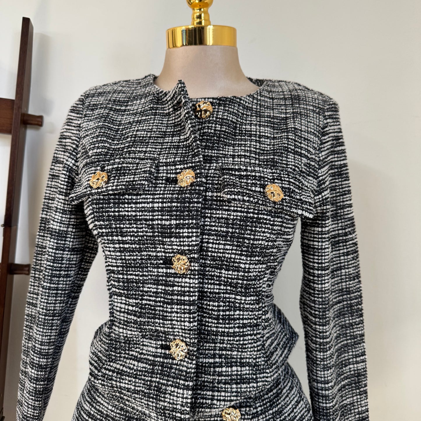 Button Up Tweed Jacket Round Neckline- Black