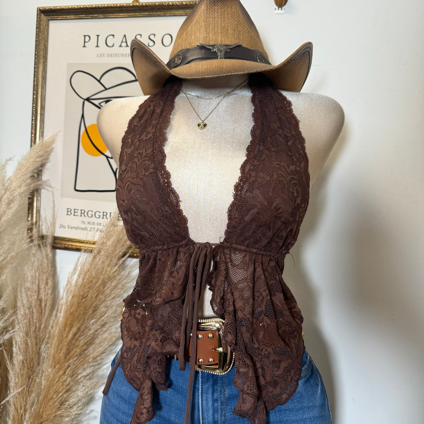 Lace Halter Top-Brown