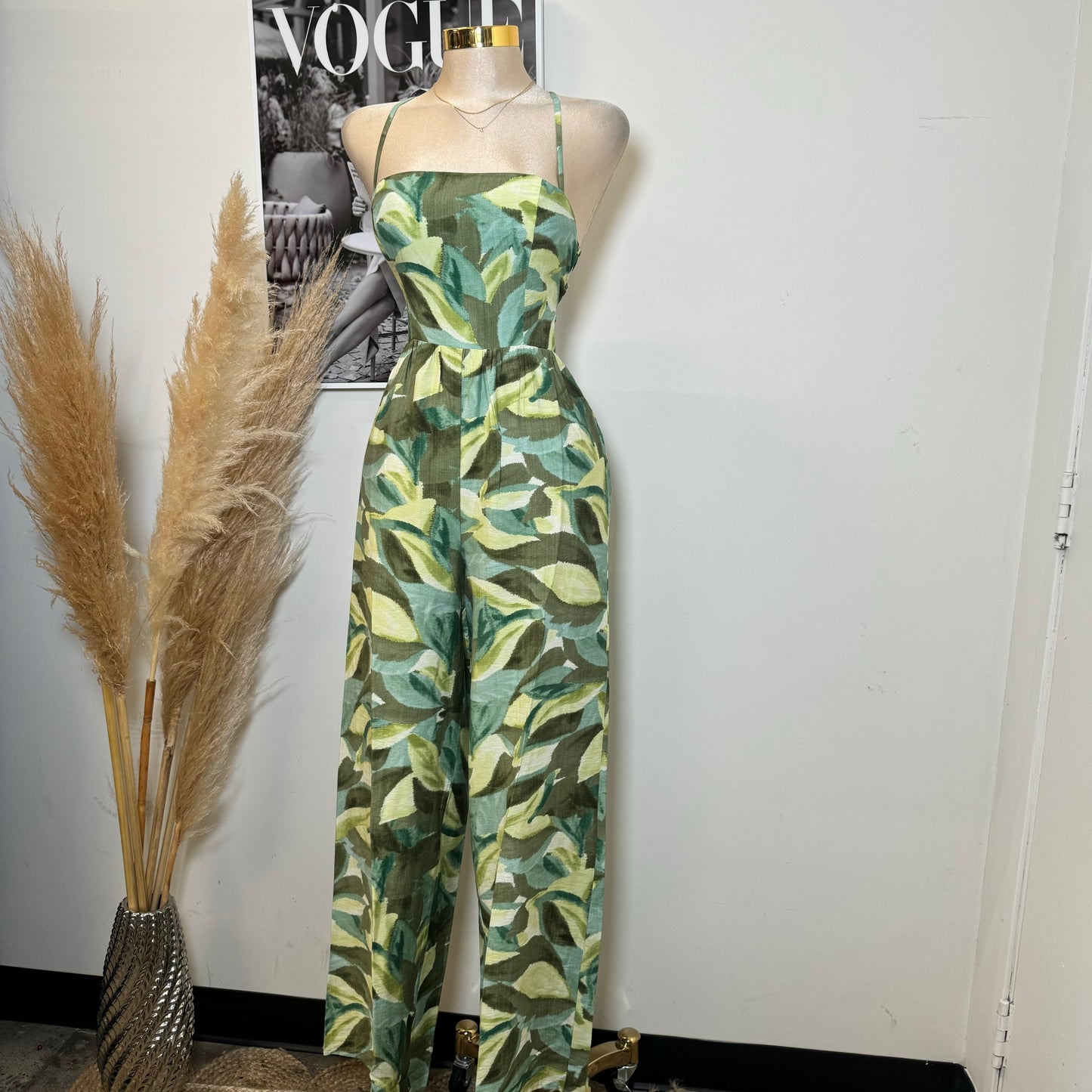 Linen Print Square Neck Back Lace up Jumpsuit-Green