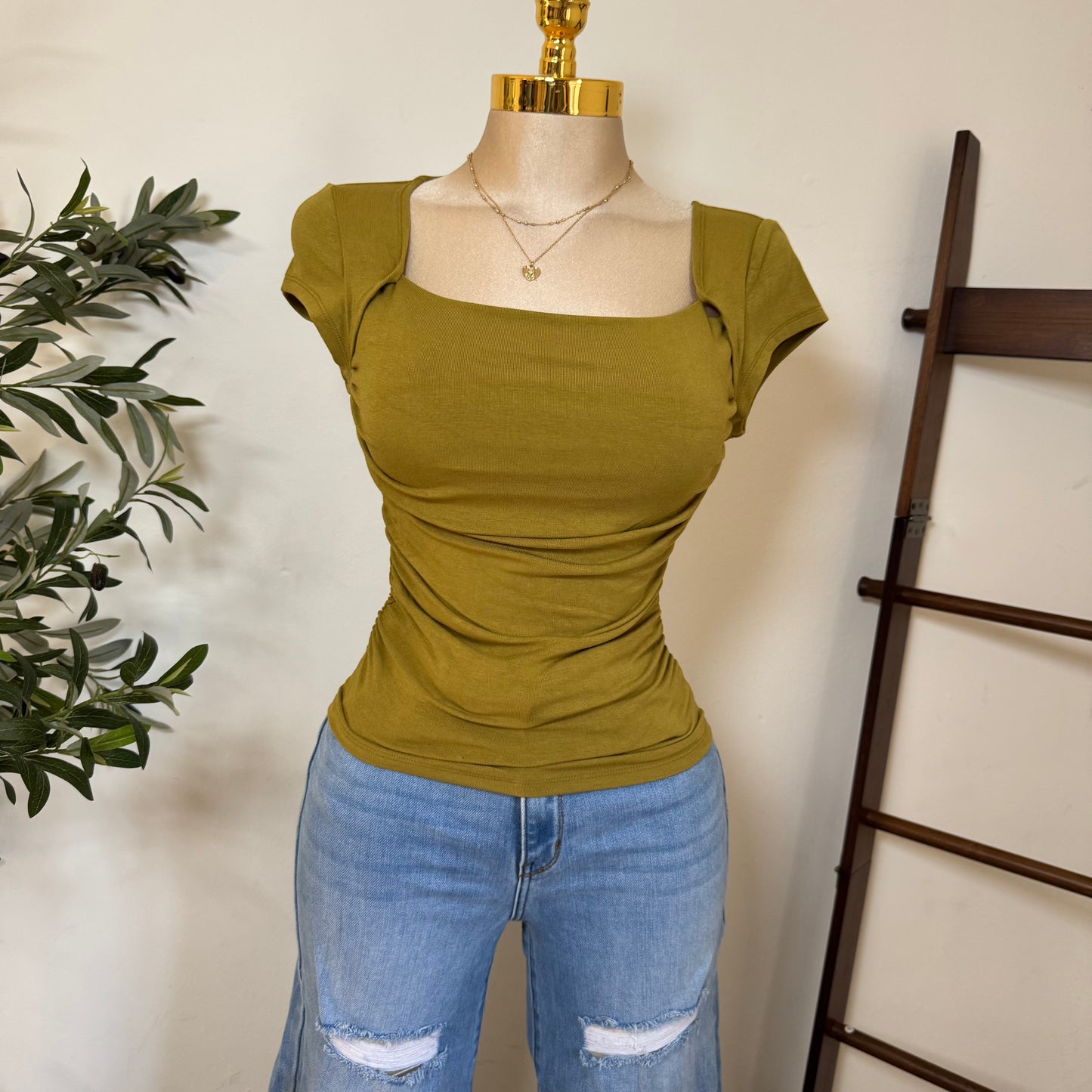 Square Neck Ruched Detail Short Sleeve Knit Top-Kiwi Olive
