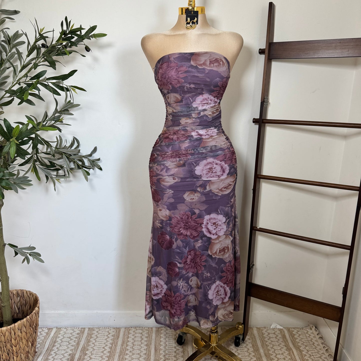 Mesh Print Tube Ruching Maxi Dress-Lavander