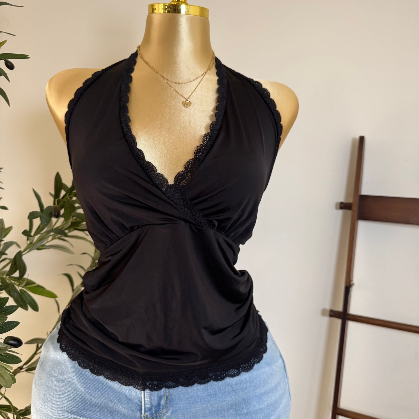 Halter Lace Detail Top PL-Black